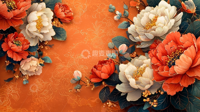 高清大图下载【趣麦麦图】橙色背景牡丹花壁纸