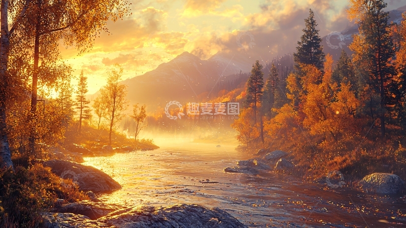 高清大图下载【趣麦麦图】秋日金色山林河流美景