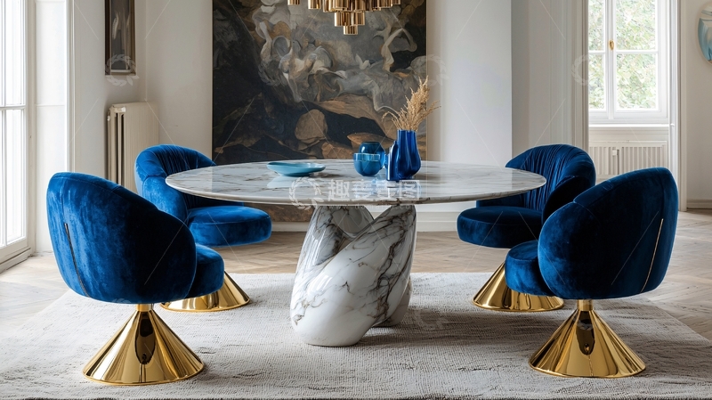 高清大图下载【趣麦麦图】蓝色丝绒餐椅