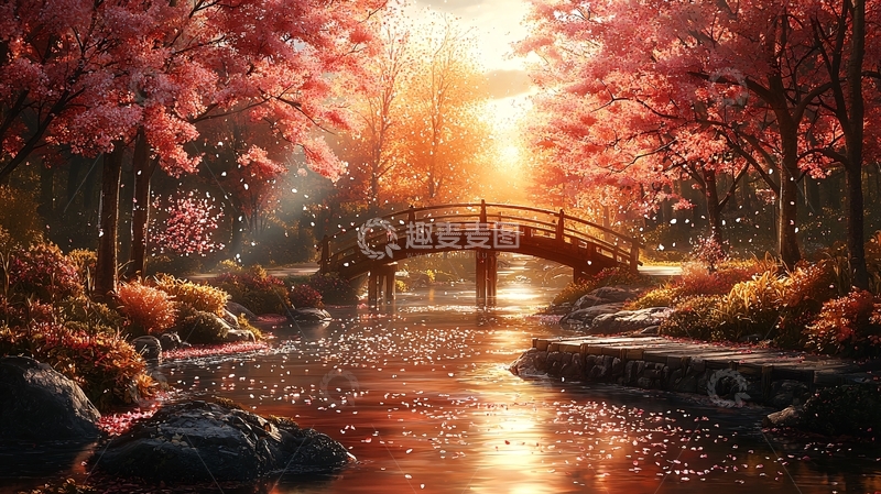 高清大图下载【趣麦麦图】唯美日式樱花桥