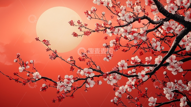 高清大图下载【趣麦麦图】红日映照下的粉白樱花枝条