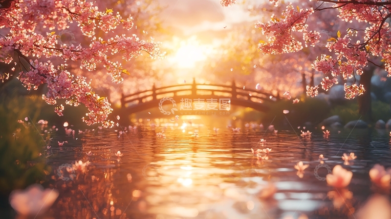 高清大图下载【趣麦麦图】唯美樱花桥流水夕阳