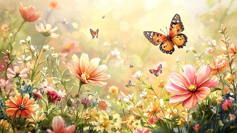 高清大图下载【趣麦麦图】阳光下的花海蝴蝶