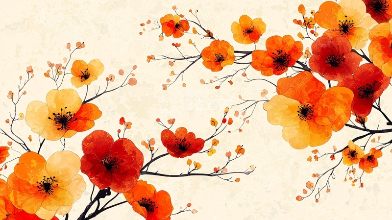 高清大图下载【趣麦麦图】水墨红橙梅花