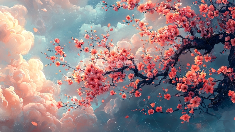 高清大图下载【趣麦麦图】粉色樱花树云朵背景