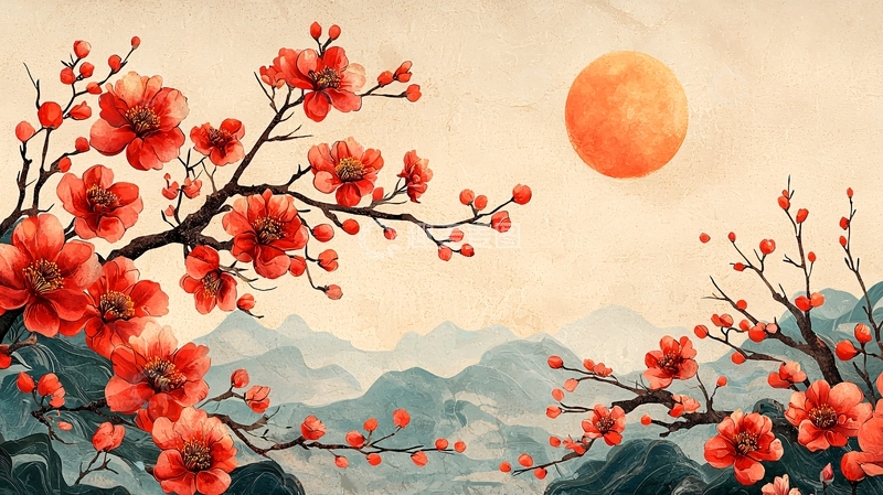 高清大图下载【趣麦麦图】红梅山景水墨画