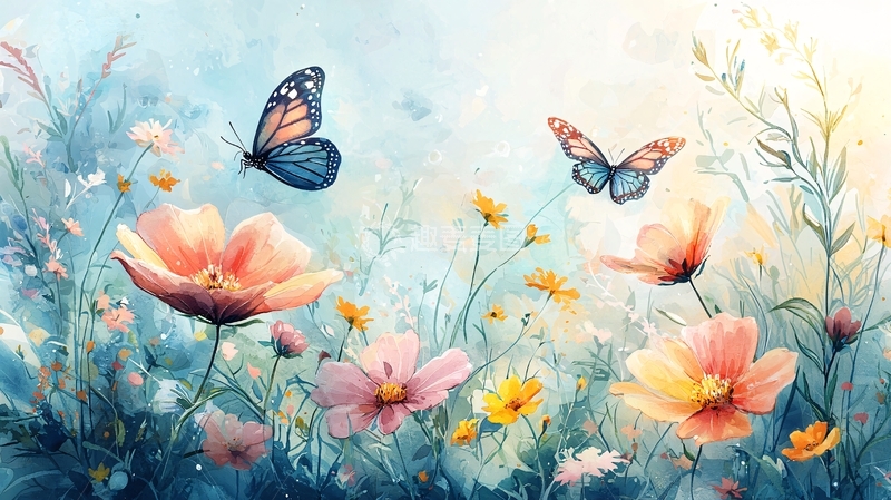 高清大图下载【趣麦麦图】水彩花卉蝴蝶