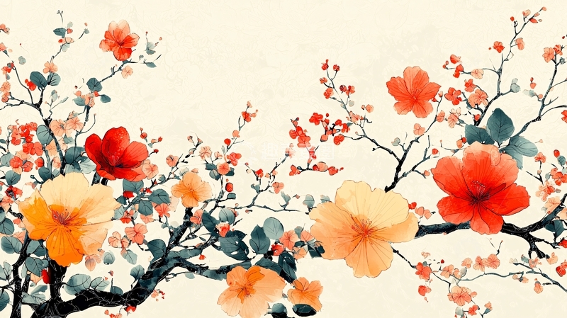 高清大图下载【趣麦麦图】水墨写意红黄梅花