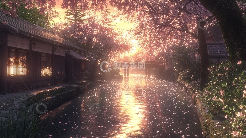 高清大图下载【趣麦麦图】唯美樱花树下日式房屋