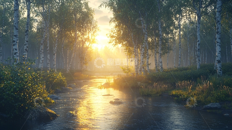 高清大图下载【趣麦麦图】清晨阳光森林小溪