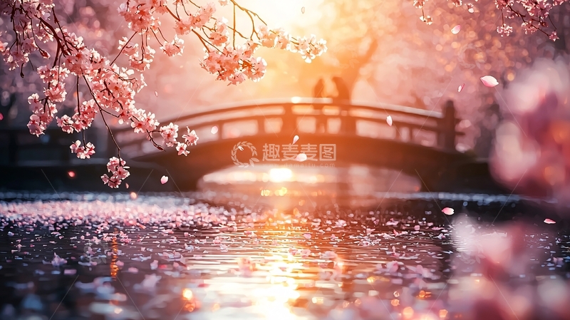 高清大图下载【趣麦麦图】唯美日落樱花桥