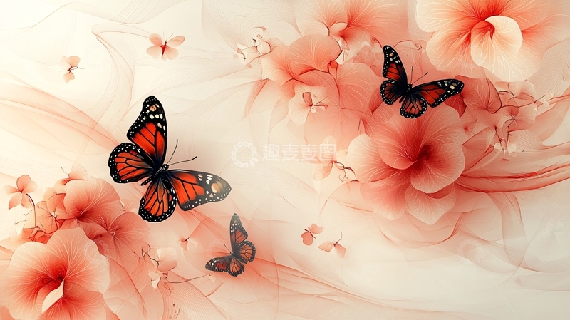 高清大图下载【趣麦麦图】粉红花朵与蝴蝶高清图