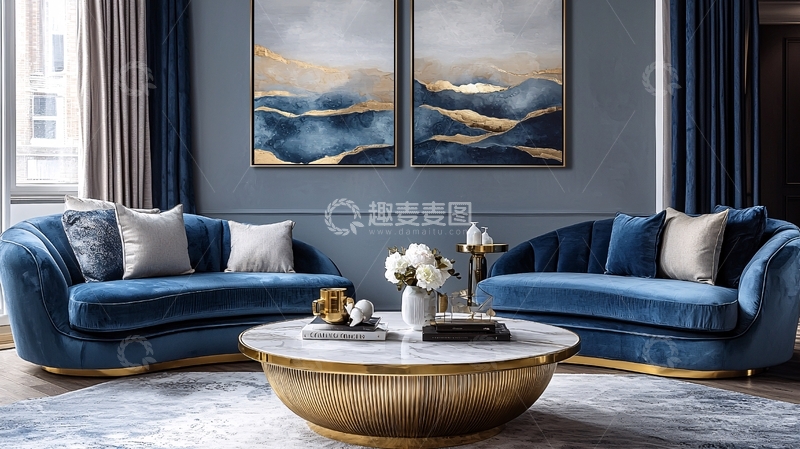 高清大图下载【趣麦麦图】蓝色系轻奢客厅