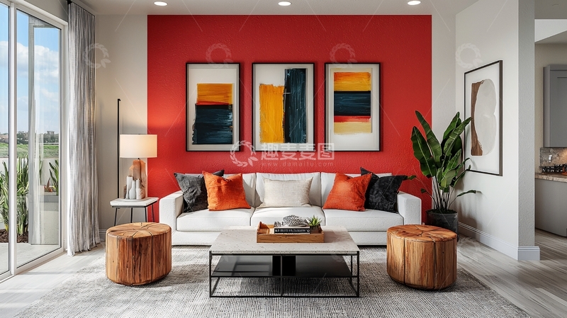 高清大图下载【趣麦麦图】现代简约客厅红墙装饰