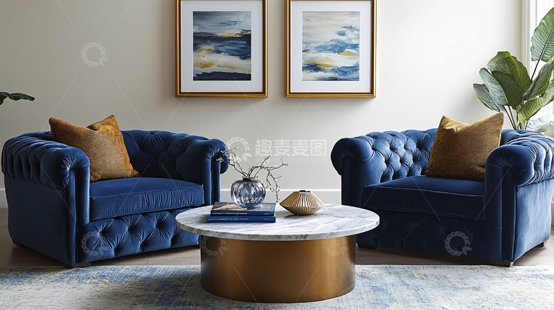 高清大图下载【趣麦麦图】蓝色丝绒扶手椅