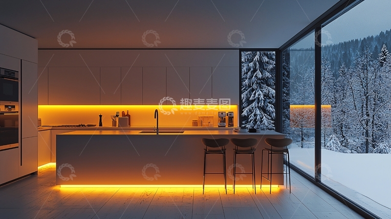 高清大图下载【趣麦麦图】现代简约厨房夜景