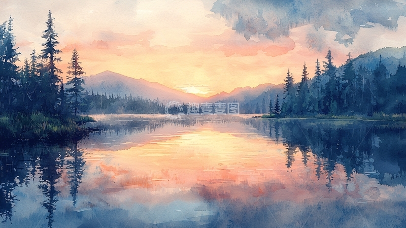 高清大图下载【趣麦麦图】水彩夕阳湖景