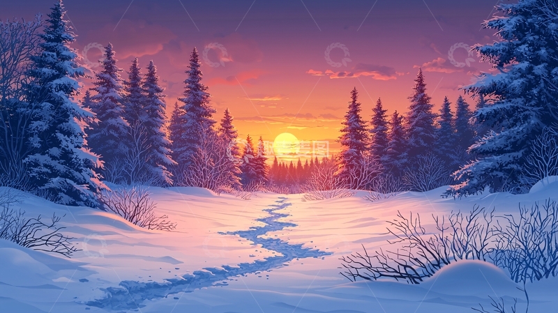 高清大图下载【趣麦麦图】雪地森林日落