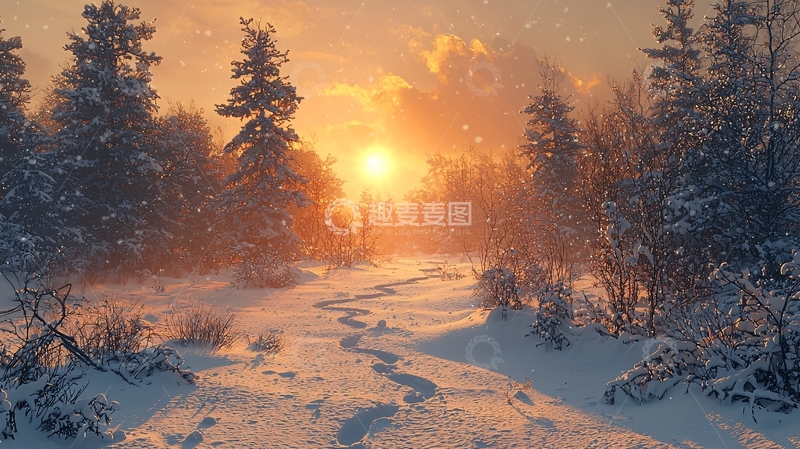 高清大图下载【趣麦麦图】冬日雪景日出森林小路