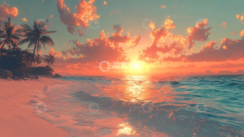高清大图下载【趣麦麦图】海滩日落椰树风景