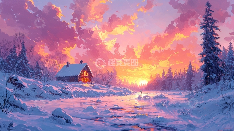 高清大图下载【趣麦麦图】雪景小屋日落