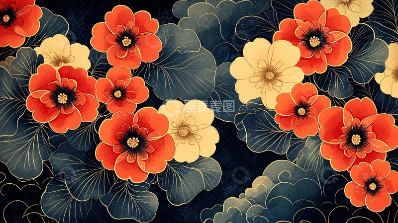 高清大图下载【趣麦麦图】暗黑系日式风格花卉图案