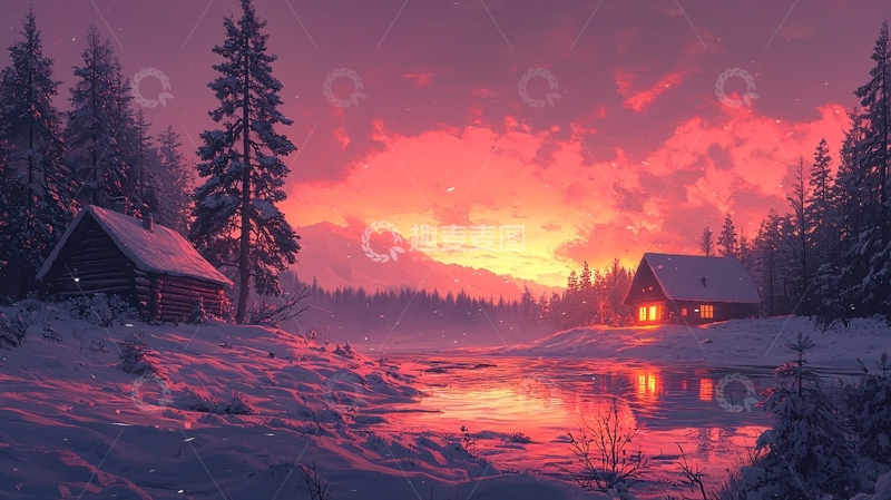 高清大图下载【趣麦麦图】冬日雪景下的木屋晚霞