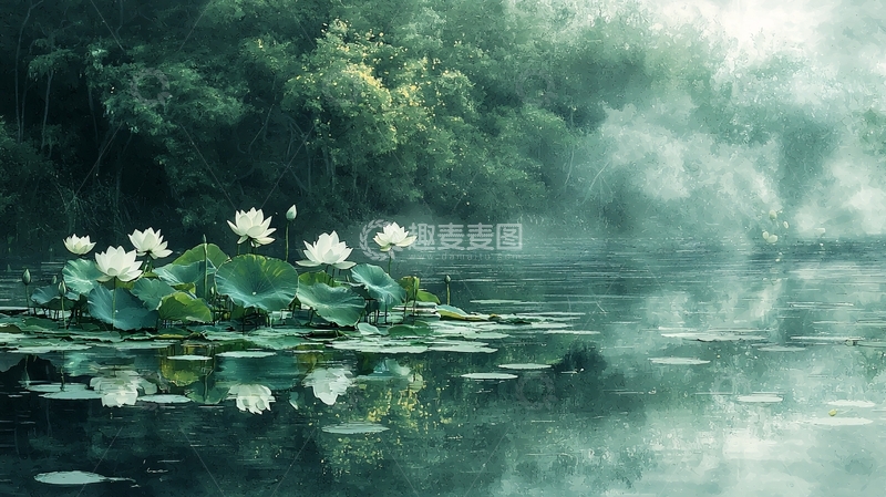 高清大图下载【趣麦麦图】雾气朦胧荷花池塘