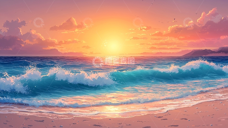 高清大图下载【趣麦麦图】海边日落风景画