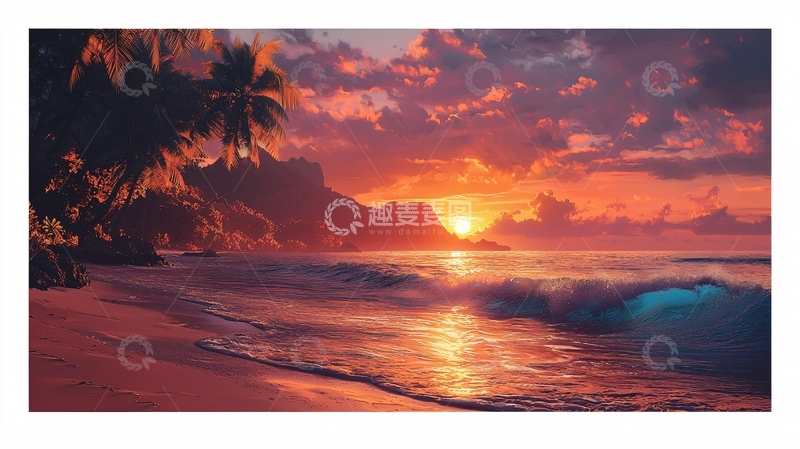 高清大图下载【趣麦麦图】热带海滩落日余晖