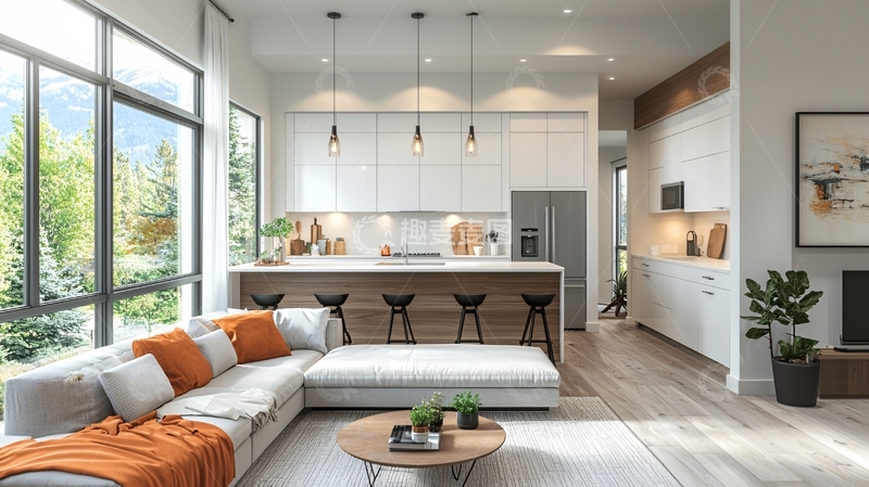 高清大图下载【趣麦麦图】现代简约开放式厨房客厅