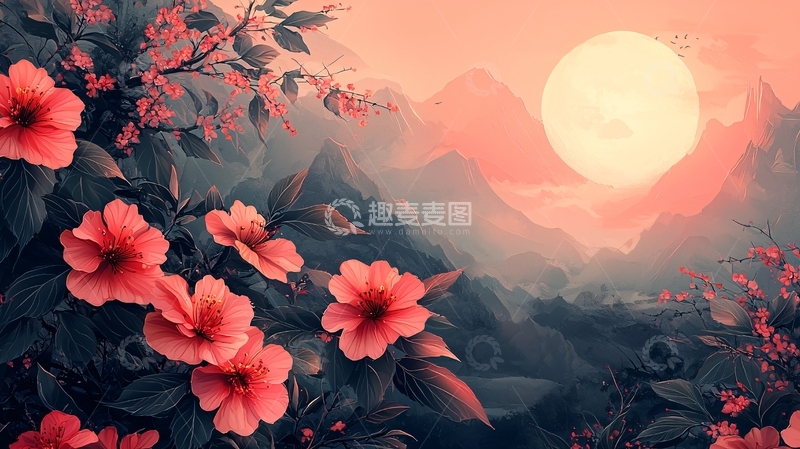 高清大图下载【趣麦麦图】粉色花朵山峦日出