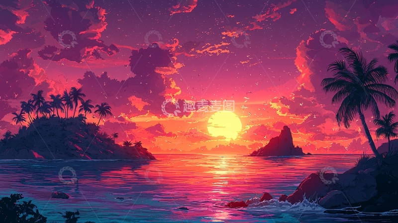 高清大图下载【趣麦麦图】热带海滩落日风景