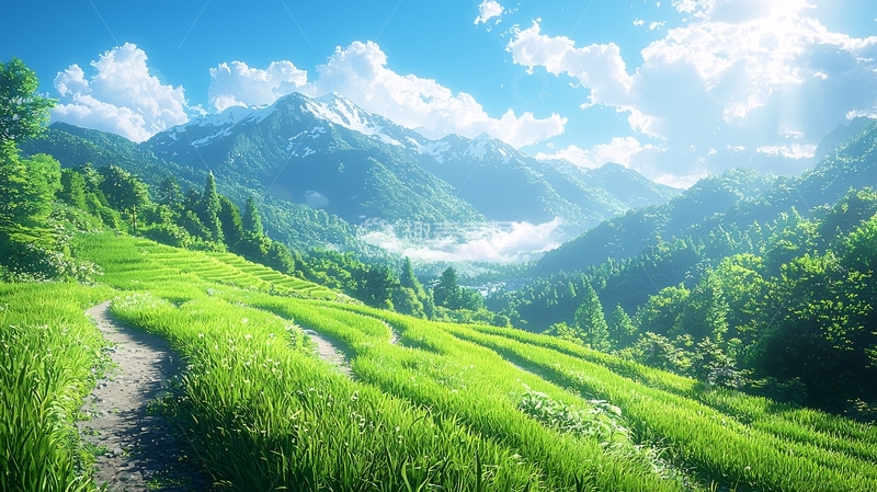 高清大图下载【趣麦麦图】阳光下的绿色梯田山脉