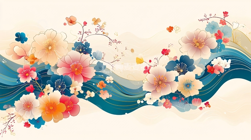 高清大图下载【趣麦麦图】水墨花卉波浪背景