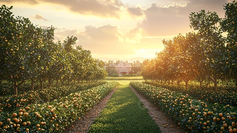 高清大图下载【趣麦麦图】夕阳下的果园小路
