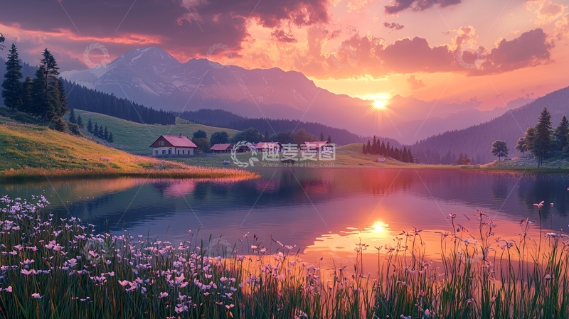 高清大图下载【趣麦麦图】山间湖泊日落美景