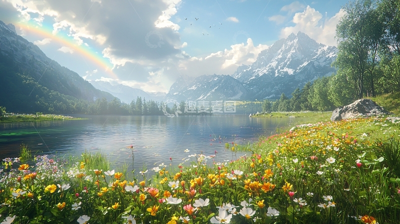 高清大图下载【趣麦麦图】高山湖泊鲜花盛开