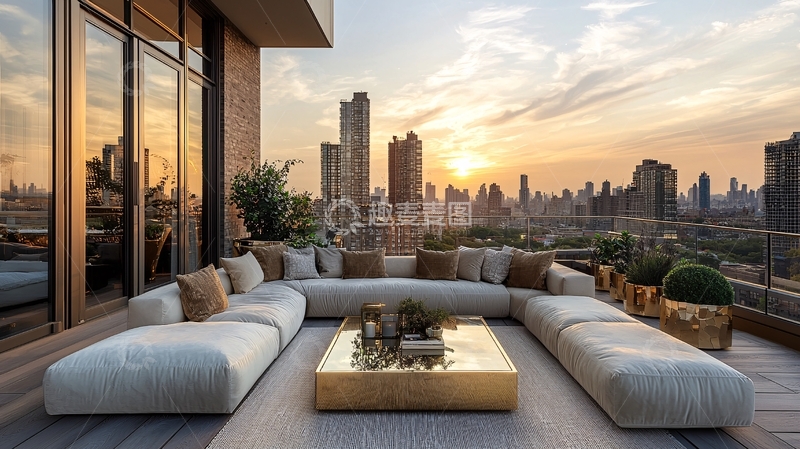 高清大图下载【趣麦麦图】高层公寓阳台日落景色