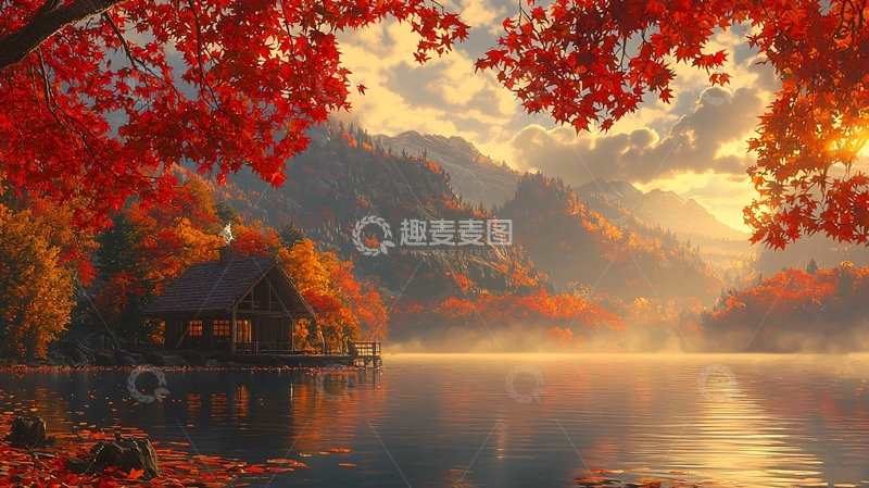 高清大图下载【趣麦麦图】秋日清晨湖边小屋