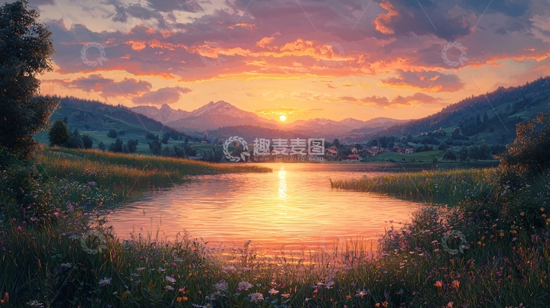 高清大图下载【趣麦麦图】山峦夕照湖边美景