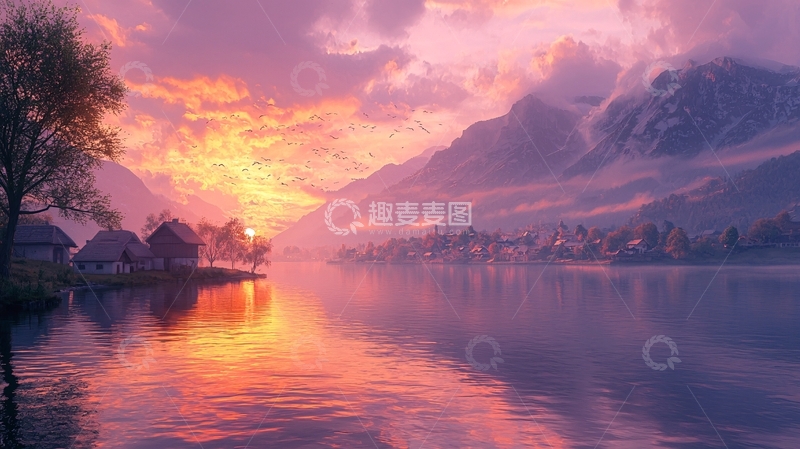 高清大图下载【趣麦麦图】日落湖边小屋山景