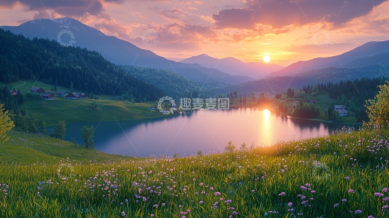 高清大图下载【趣麦麦图】山峦日落湖泊美景