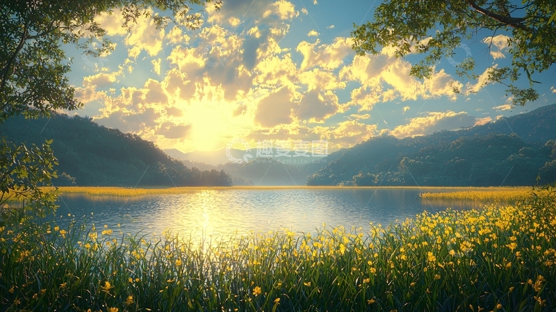 高清大图下载【趣麦麦图】清晨湖边日出美景