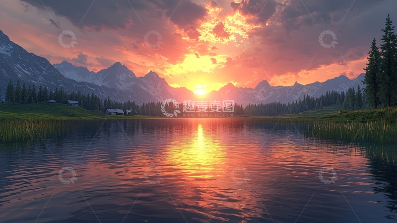 高清大图下载【趣麦麦图】山脉湖泊日落晚霞