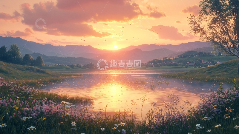 高清大图下载【趣麦麦图】唯美日落湖边风景