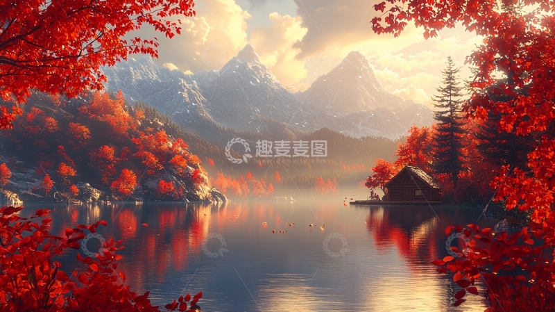 高清大图下载【趣麦麦图】秋日红叶山景湖泊小屋