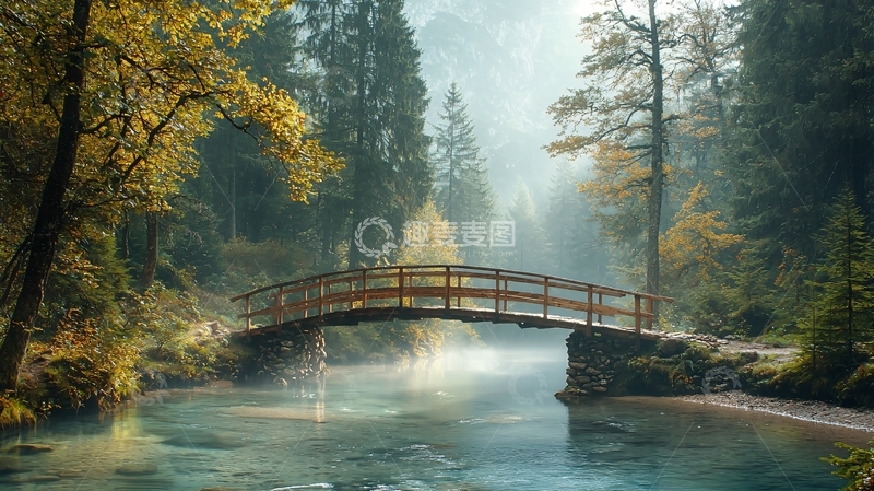 高清大图下载【趣麦麦图】秋日森林小木桥