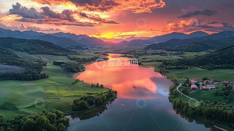 高清大图下载【趣麦麦图】日落湖泊山脉景色