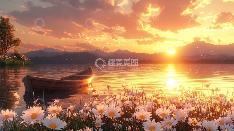 高清大图下载【趣麦麦图】日落湖边小船白花